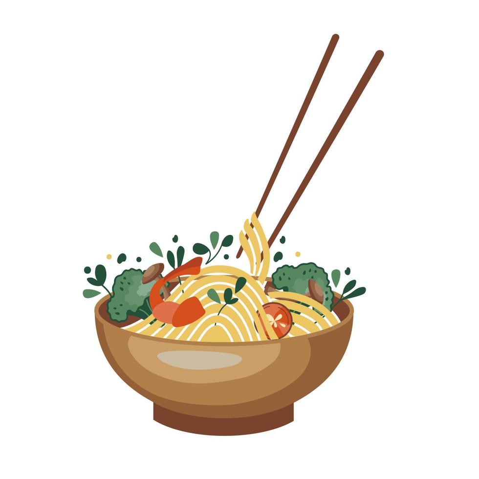 Asian food sticker. Noodles with shrimp, broccoli, mushrooms, and hot pepper. Suitable for restaurant banners, logos, and fast food advertisements. Korean or Chinese food. vector