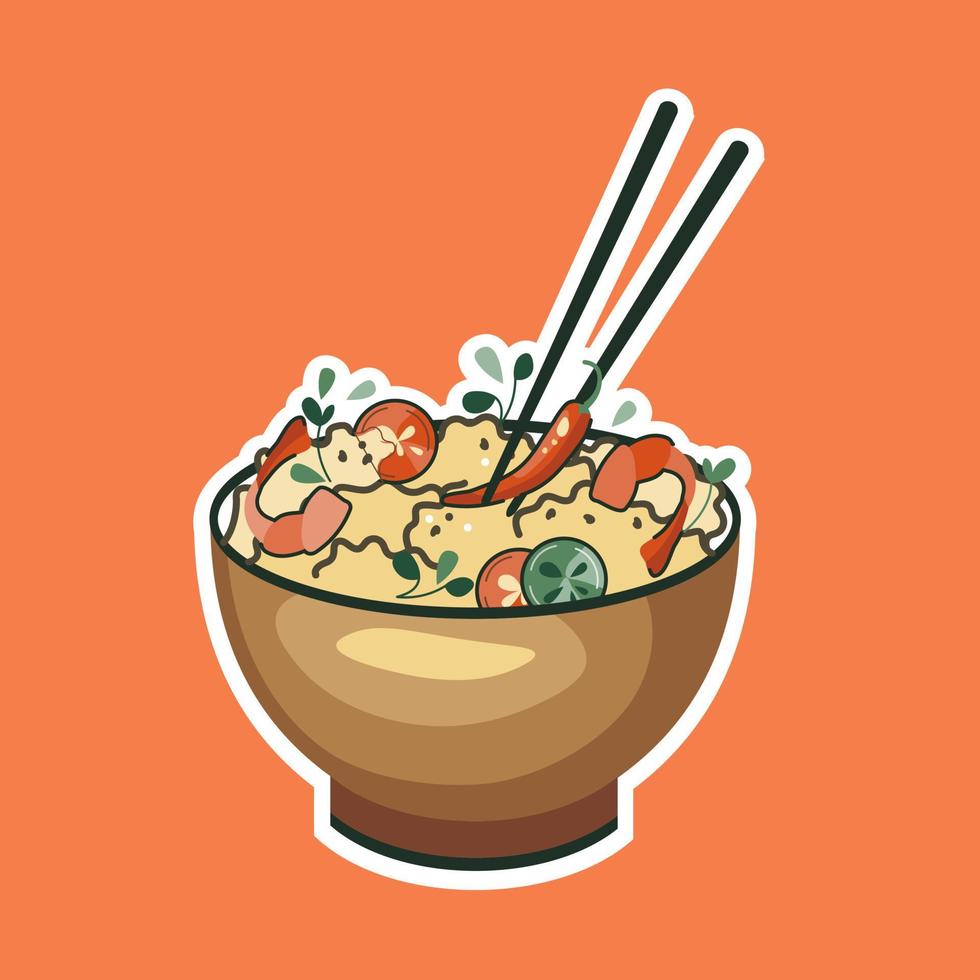 Asian food sticker. Rice with shrimp and hot pepper. Suitable for restaurant banners, logos, and fast food advertisements. Korean or Chinese food. vector