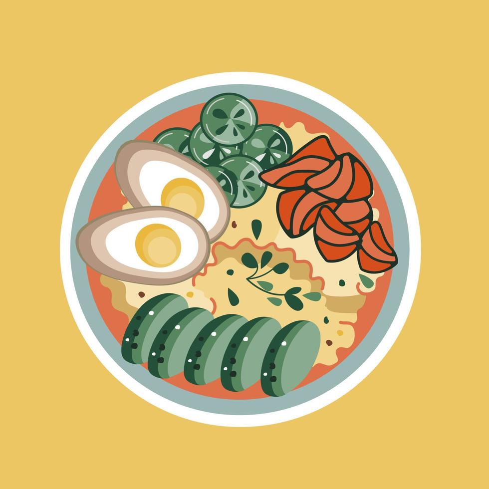 pegatina de comida asiática. tazón con arroz, huevos, salmón, aguacate y pepinos. adecuado para pancartas de restaurantes, logotipos y anuncios de comida rápida. vector