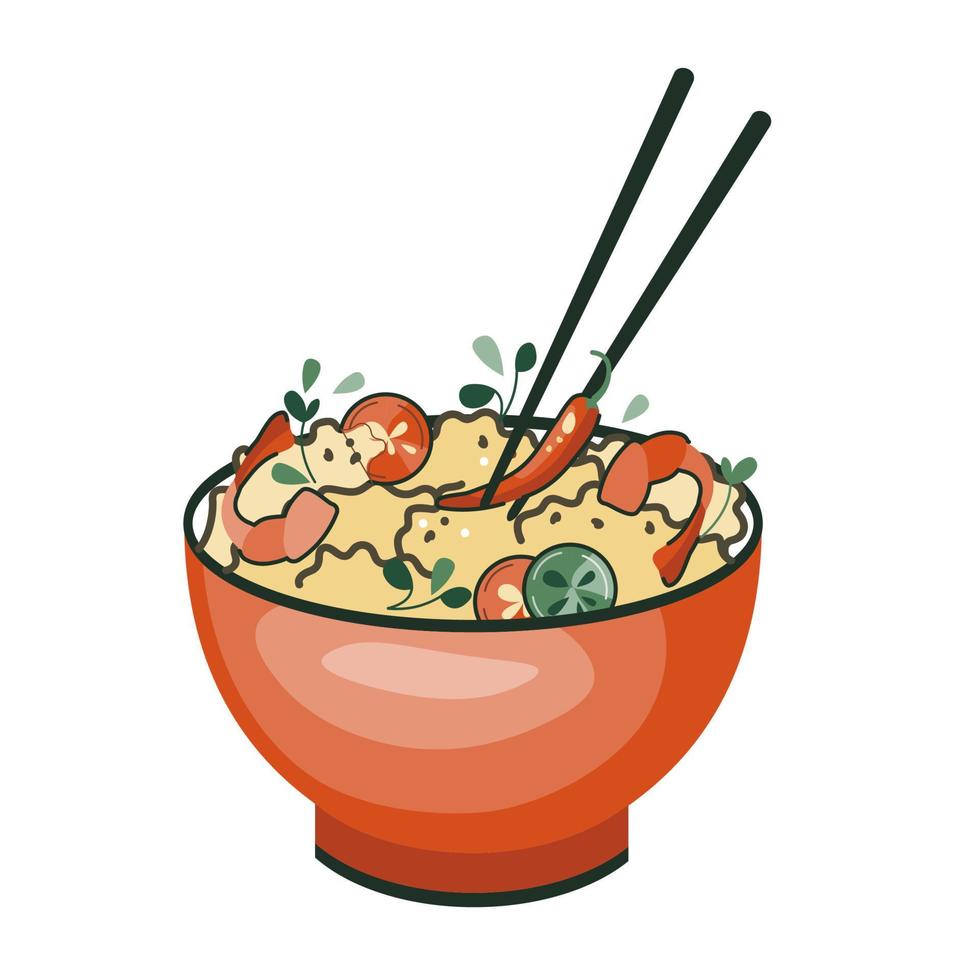 Asian food sticker. Rice with shrimp and hot pepper. Suitable for restaurant banners, logos, and fast food advertisements. Korean or Chinese food. vector