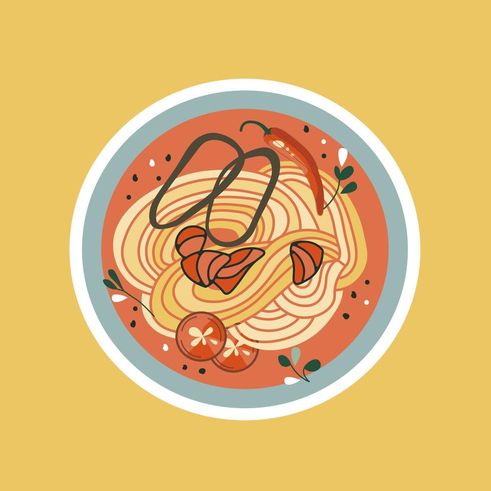 Udon or ramen soup. Asian food sticker. Noodles with salmon, and hot pepper. Suitable for restaurant banners, logos, and fast food advertisements. Korean or Chinese food. vector