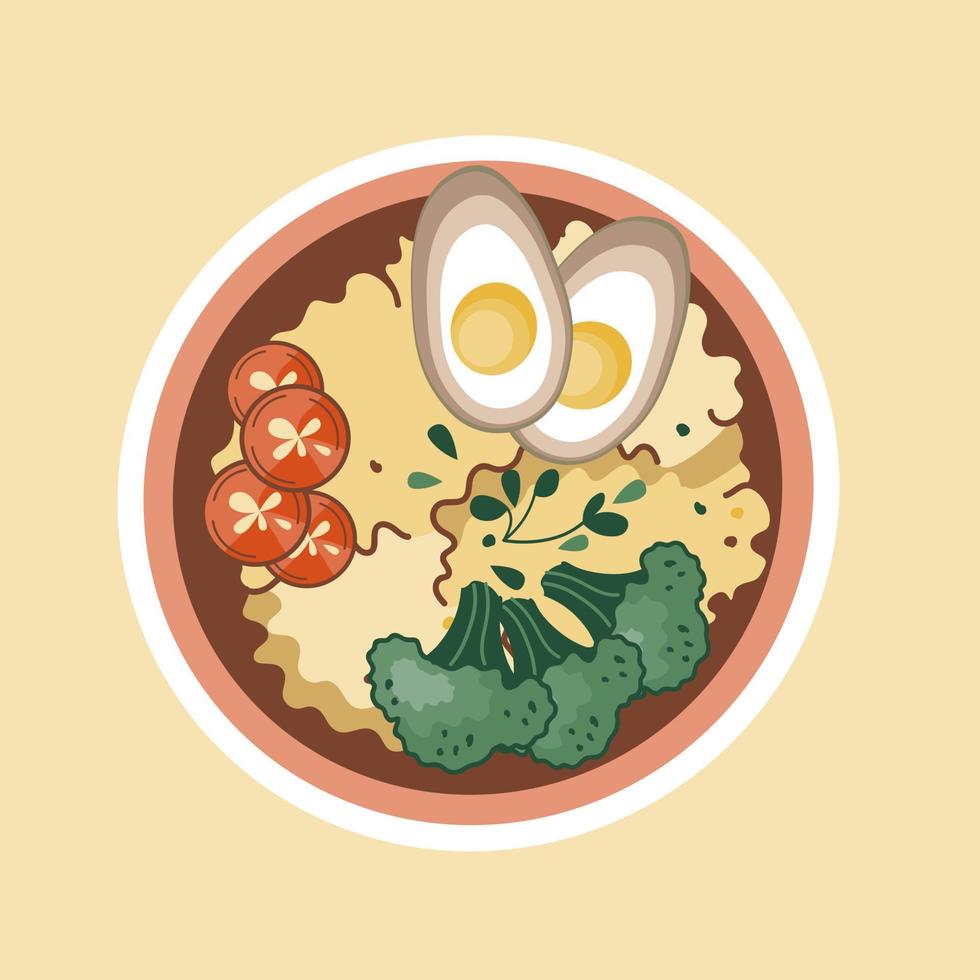 Asian food sticker. Bowl with rice, eggs, and broccoli. Suitable for restaurant banners, logos, and fast food advertisements. Korean or Chinese food. Vegetarian. vector