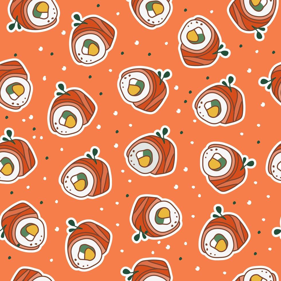 Asian food print. Pattern with sushi. Maki with salmon. Suitable for restaurant banners, menus, and fast food advertisements. Seafood. vector