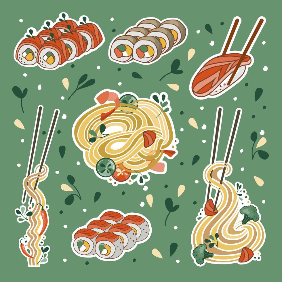 Asian food stickers. Udon or ramen soup, noodles, sushi, and bowl. Suitable for restaurant banners, logos, and fast food advertisements. Seafood. vector