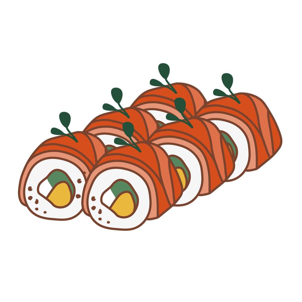 rollo de sushi con salmón y mango. adecuado para pancartas de restaurantes, logotipos y anuncios de comida rápida. comida japonesa. comida asiática. vector