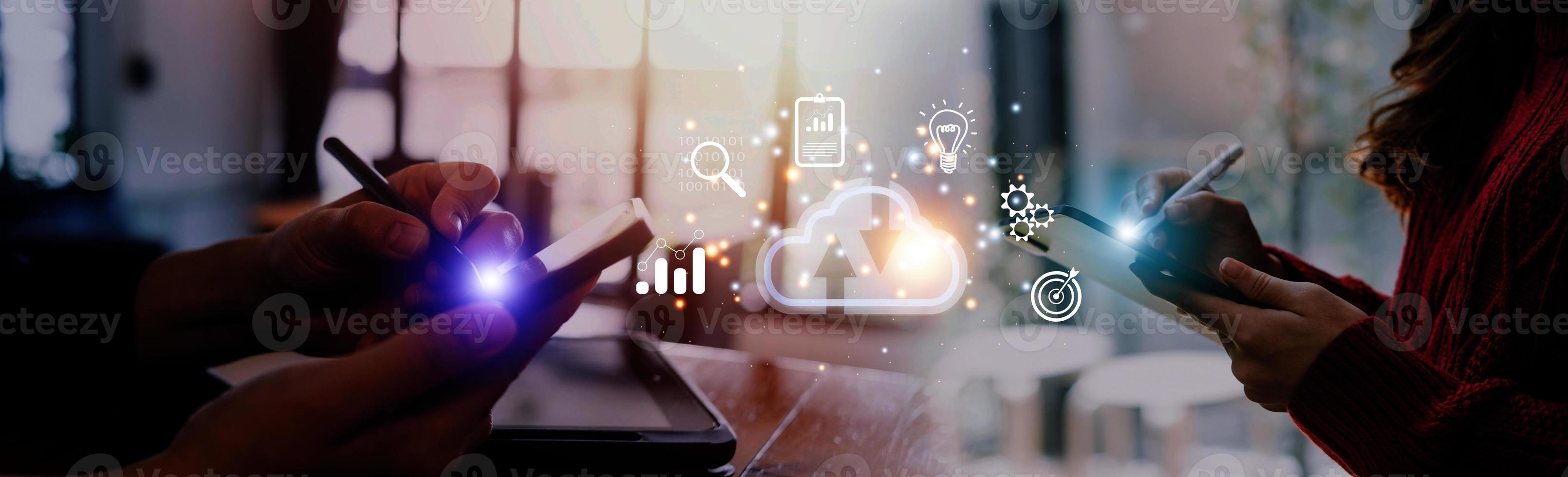 man use Laptop with cloud computing diagram show on hand. Cloud technology. Data storage. Networking and internet service concept. photo