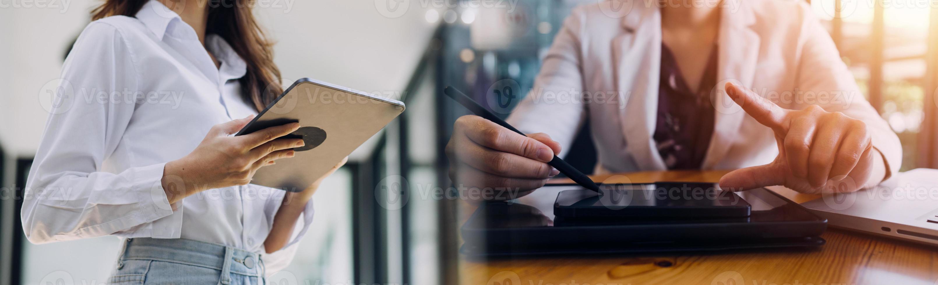 Business team present. professional investor working new start up project. Finance managers meeting.Digital tablet docking screen computer design smart phone using, in morning light photo