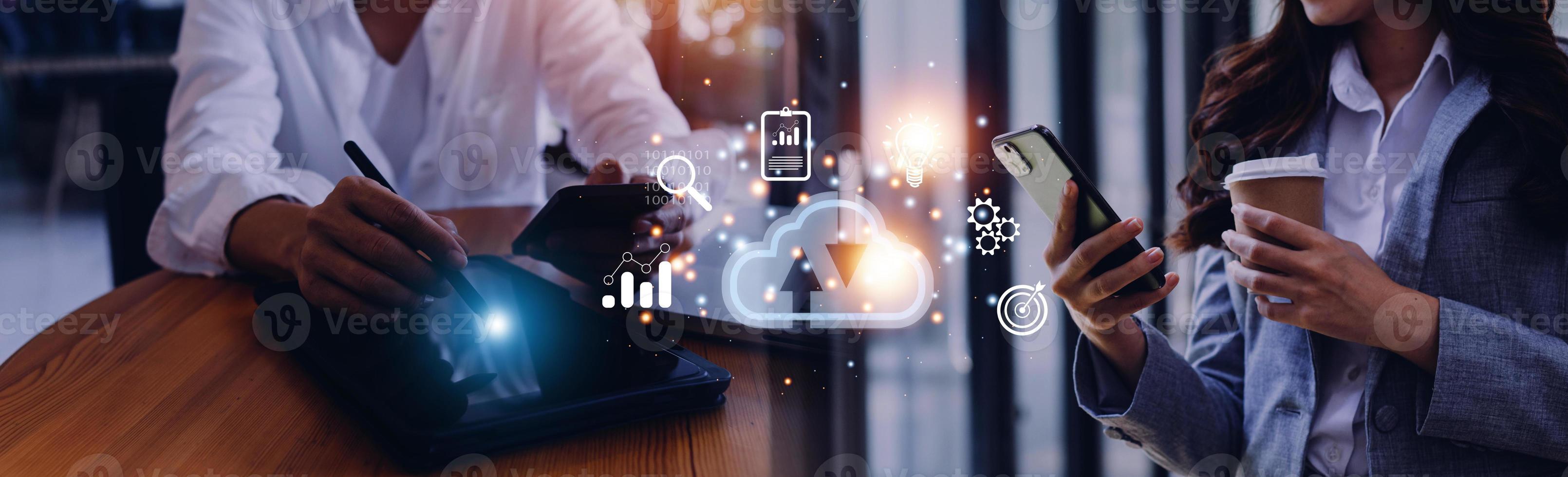 man use Laptop with cloud computing diagram show on hand. Cloud technology. Data storage. Networking and internet service concept. photo