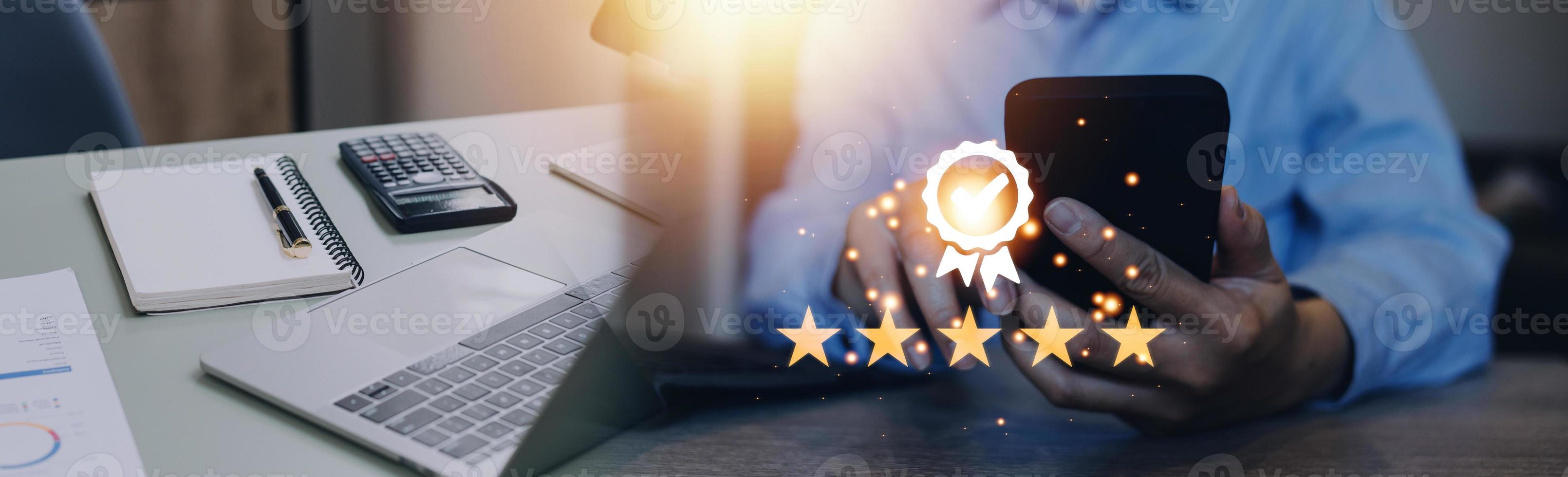 Hand shows the sign of the top service Quality assurance 5 star, Guarantee, Standards, ISO certification and standardization concept. photo