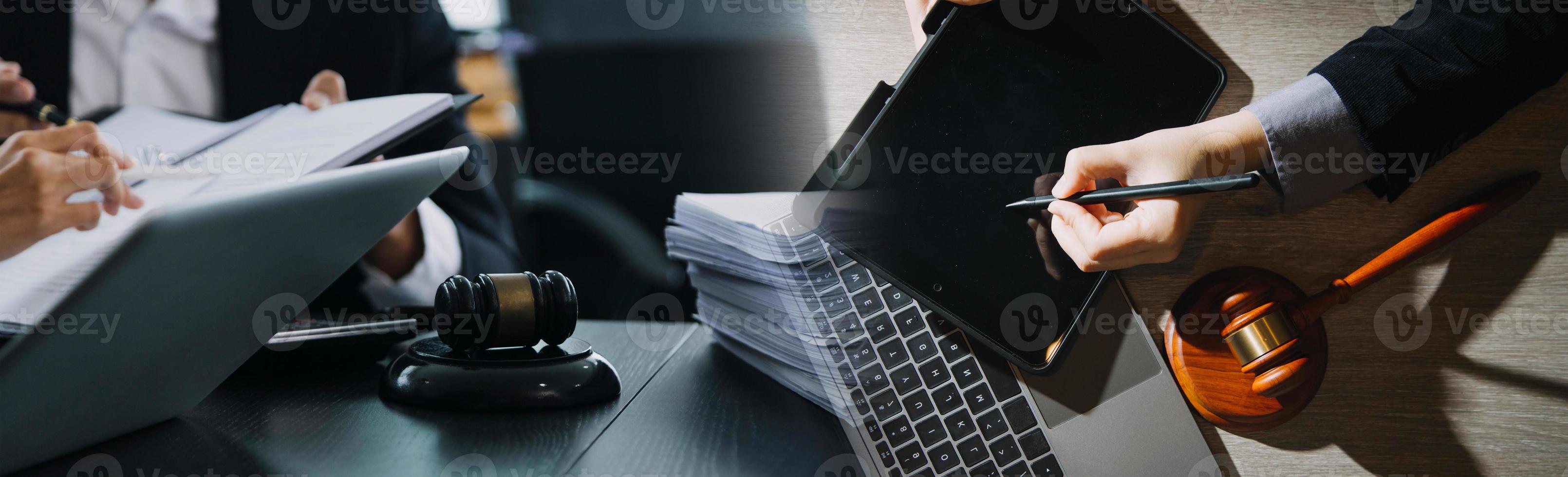 Business and lawyers discussing contract papers with brass scale on desk in office. Law, legal services, advice, justice and law concept picture with film grain effect photo