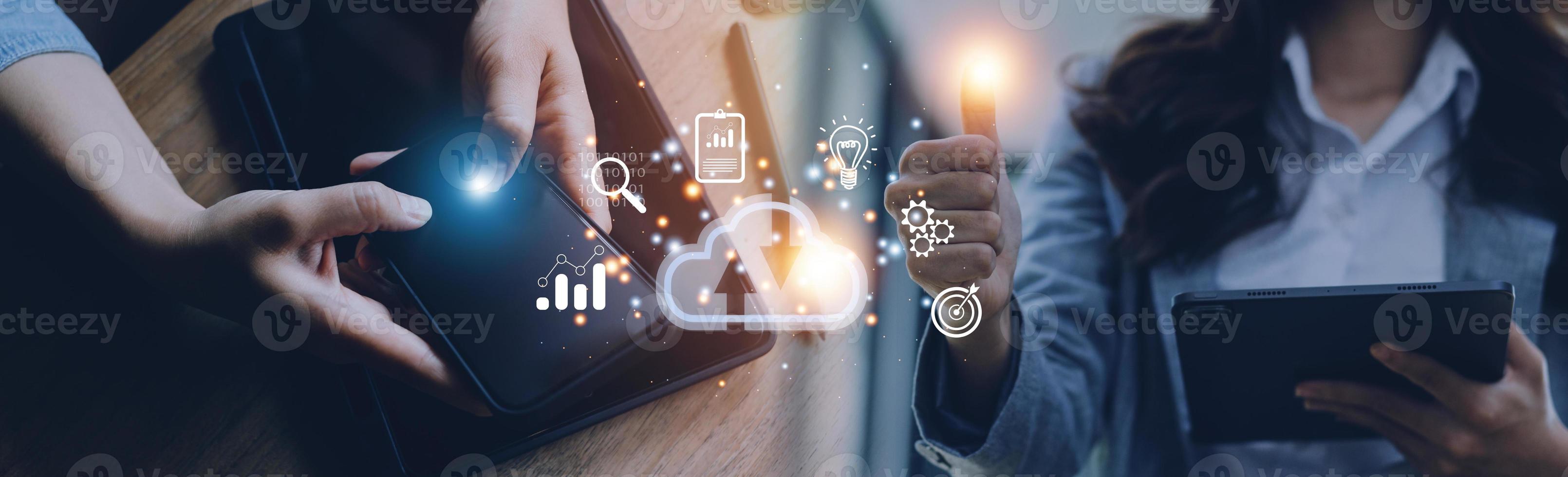 man use Laptop with cloud computing diagram show on hand. Cloud technology. Data storage. Networking and internet service concept. photo