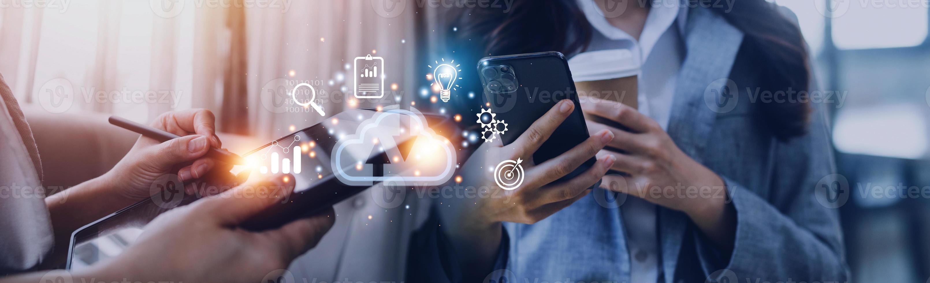man use Laptop with cloud computing diagram show on hand. Cloud technology. Data storage. Networking and internet service concept. photo