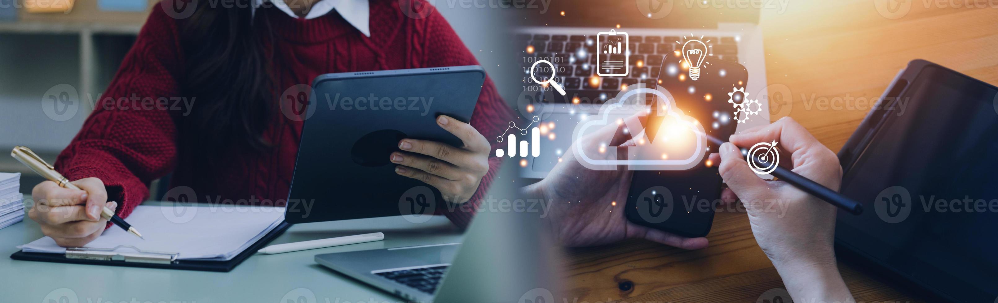 man use Laptop with cloud computing diagram show on hand. Cloud technology. Data storage. Networking and internet service concept. photo