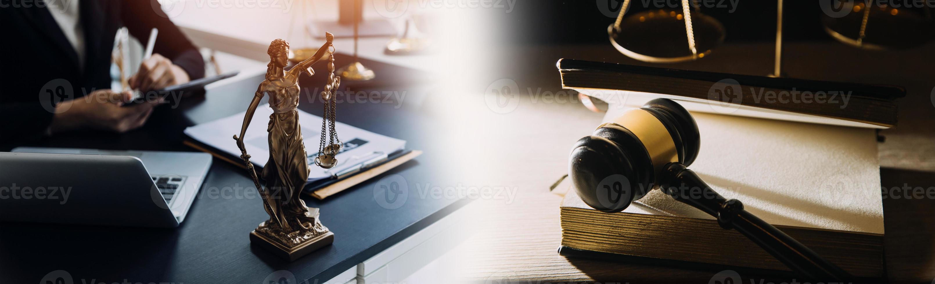 Business and lawyers discussing contract papers with brass scale on desk in office. Law, legal services, advice, justice and law concept picture with film grain effect photo