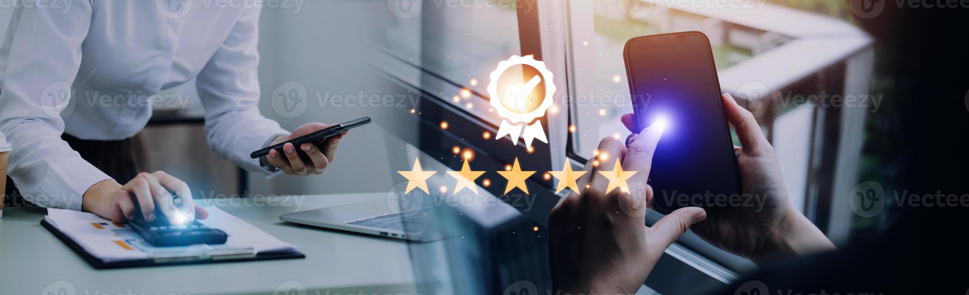 Hand shows the sign of the top service Quality assurance 5 star, Guarantee, Standards, ISO certification and standardization concept. photo