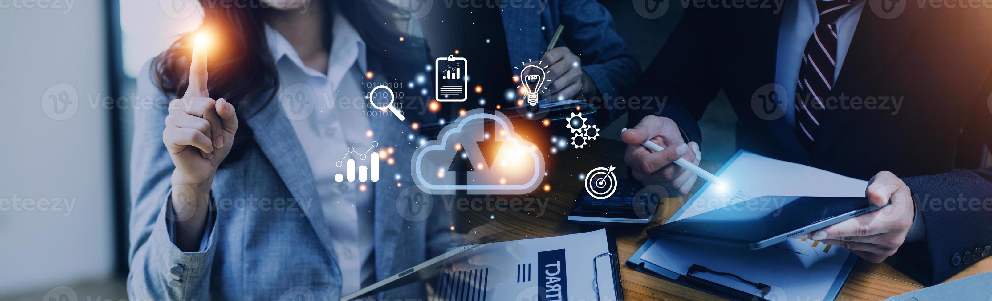 man use Laptop with cloud computing diagram show on hand. Cloud technology. Data storage. Networking and internet service concept. photo