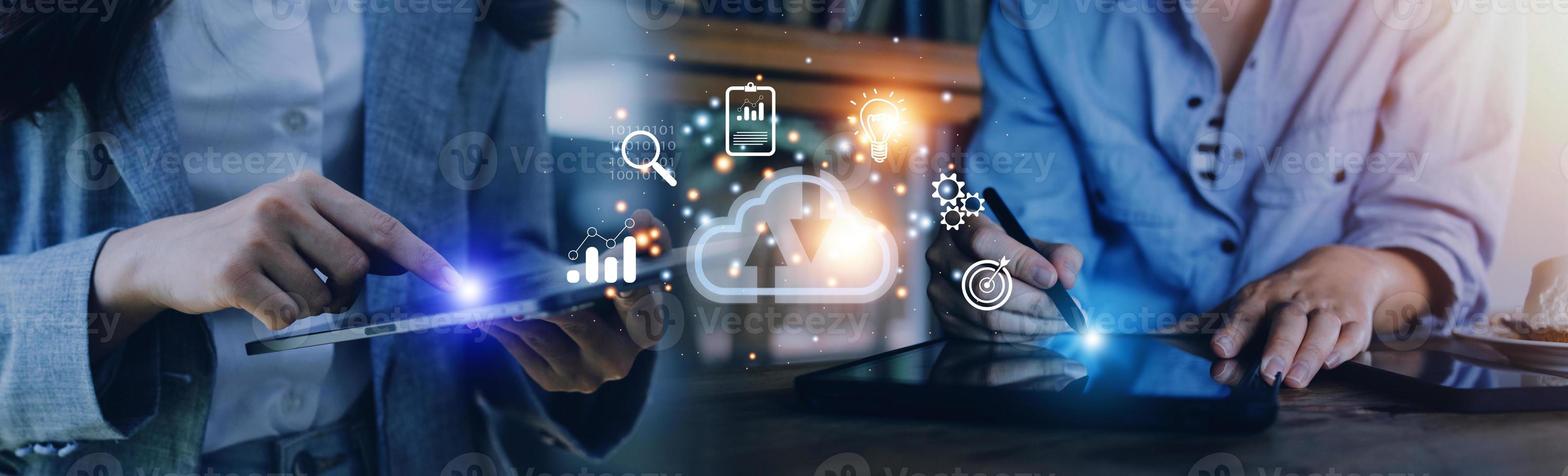man use Laptop with cloud computing diagram show on hand. Cloud technology. Data storage. Networking and internet service concept. photo