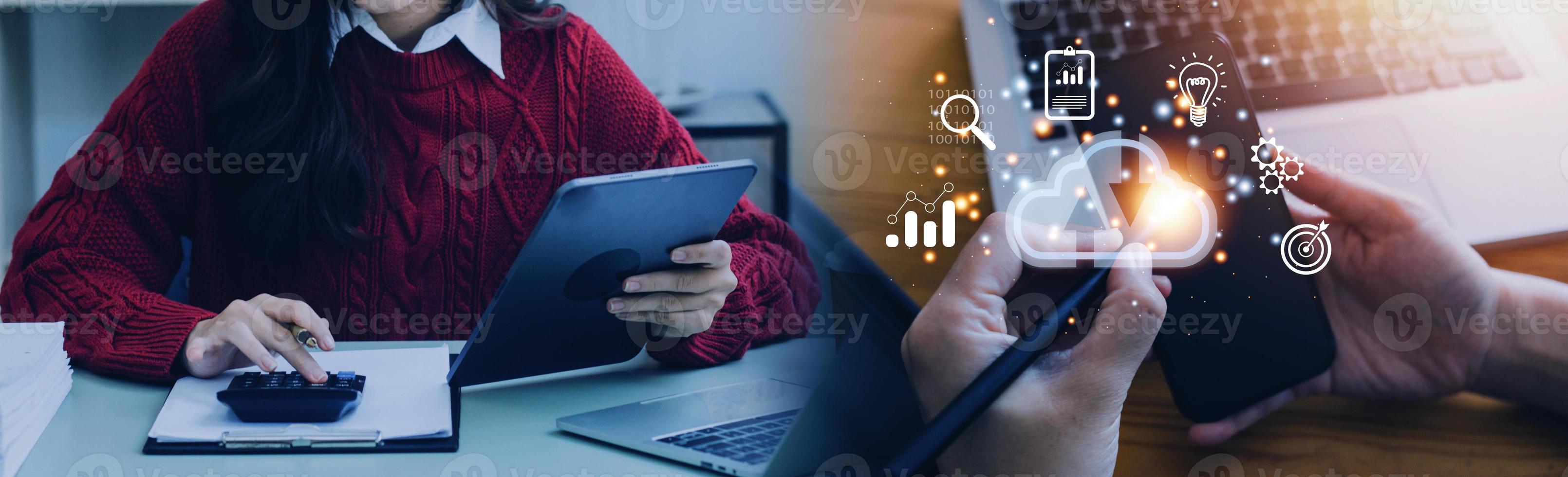 man use Laptop with cloud computing diagram show on hand. Cloud technology. Data storage. Networking and internet service concept. photo
