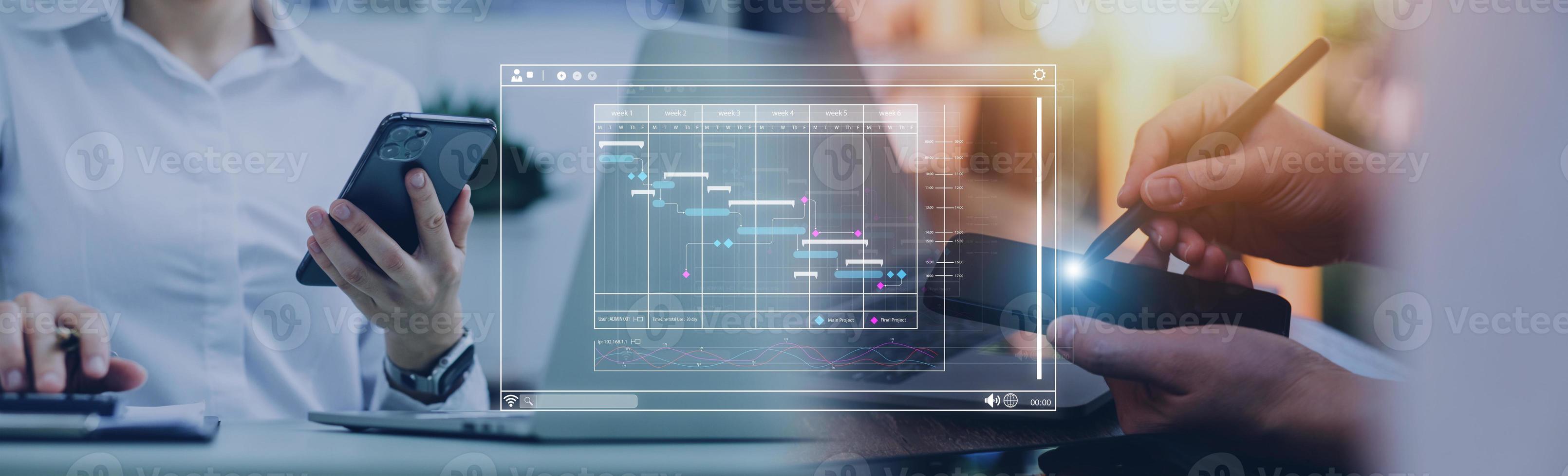 Analyst working with computer in Business Analytics and Data Management System to make report with KPI and metrics connected to database. Corporate strategy for finance, operations, sales, marketing photo