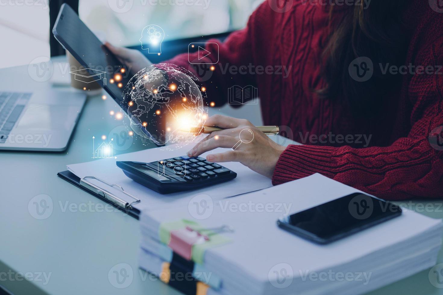 man wearing VR glasses and accessing the Technology Internet, multimedia, Storage Network connection Concept And a large database big data Through internet technology. E-learning, online study. photo