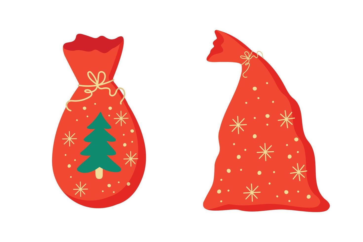 Santa Claus red bags isolated on white. Big Christmas sacks with yellow ribbon. Winter holidays concept. vector