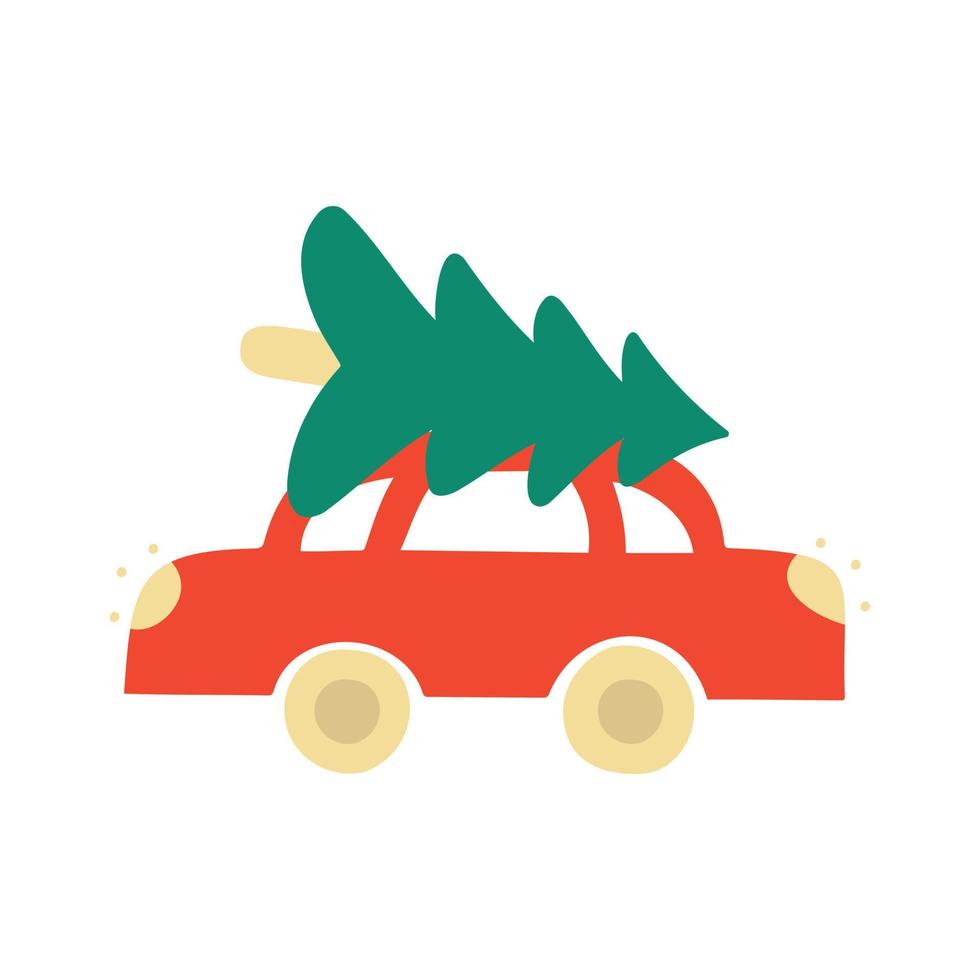 Vector hand drawn illustration of a machine with a Christmas tree on the roof. Design greeting cards, posters, gift wrapping.
