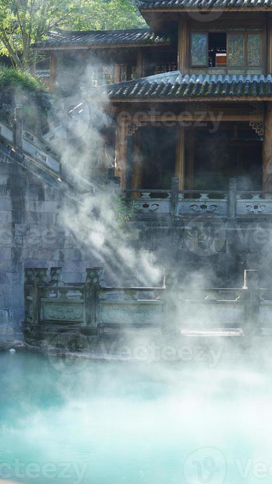 The hot spring view with the steam rising up from the hot water surface photo