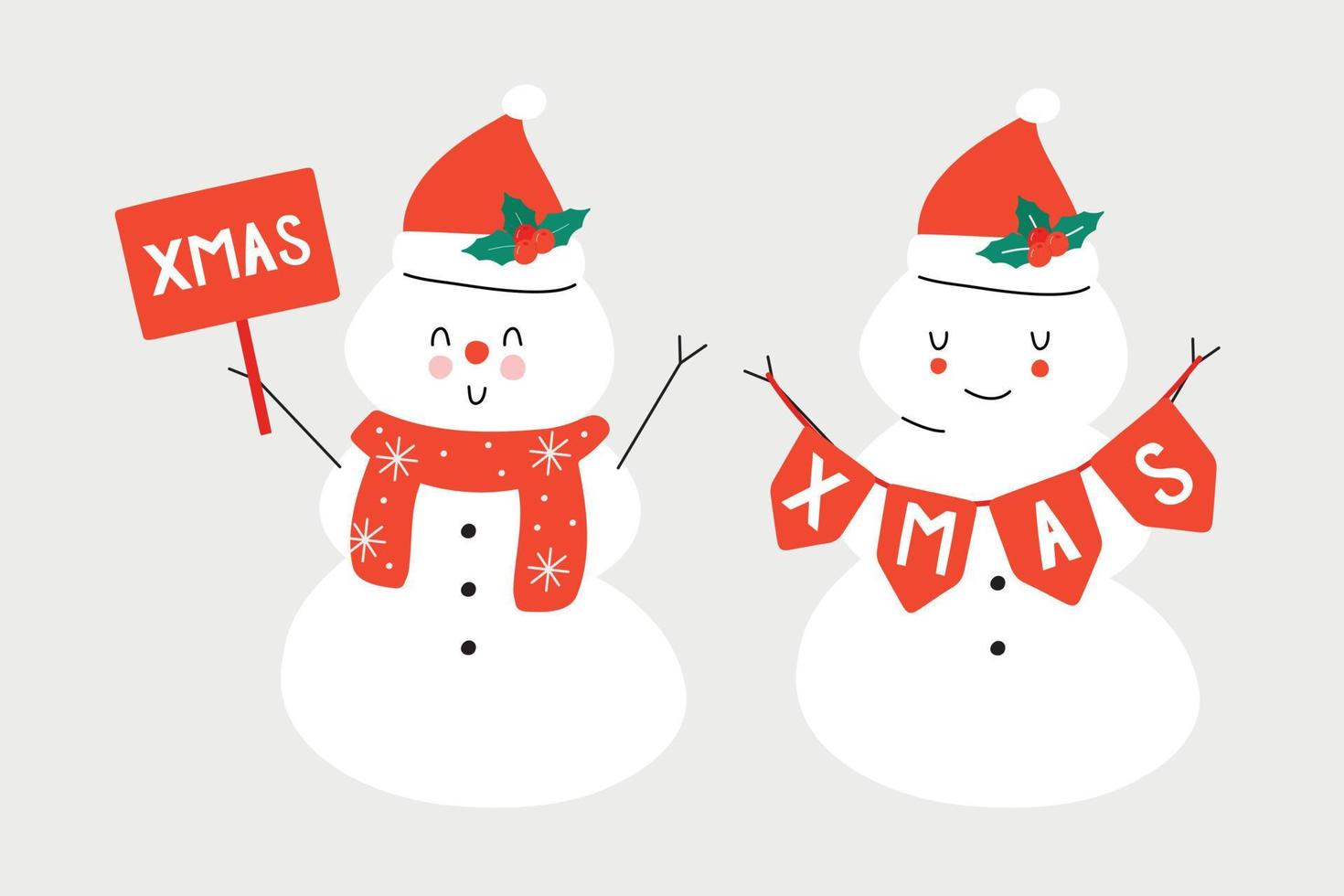 vector dibujado a mano ilustración de invierno de un muñeco de nieve con una zanahoria y un sombrero de santa. Navidad. diseño de tarjetas de felicitación, carteles, envoltura de regalos.