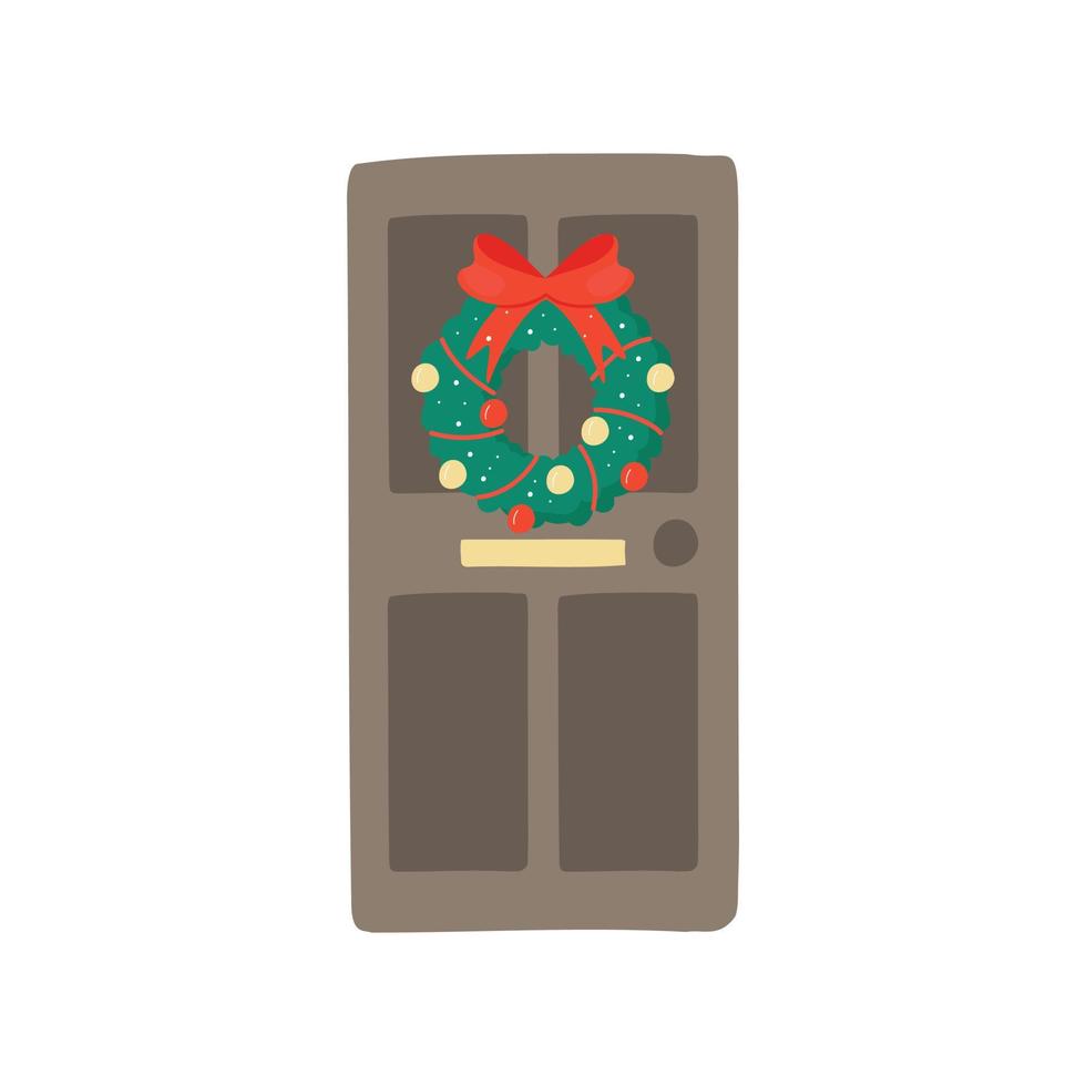Christmas and New Year concept. Entrance door decorated for Christmas. Traditional Christmas home decoration. vector
