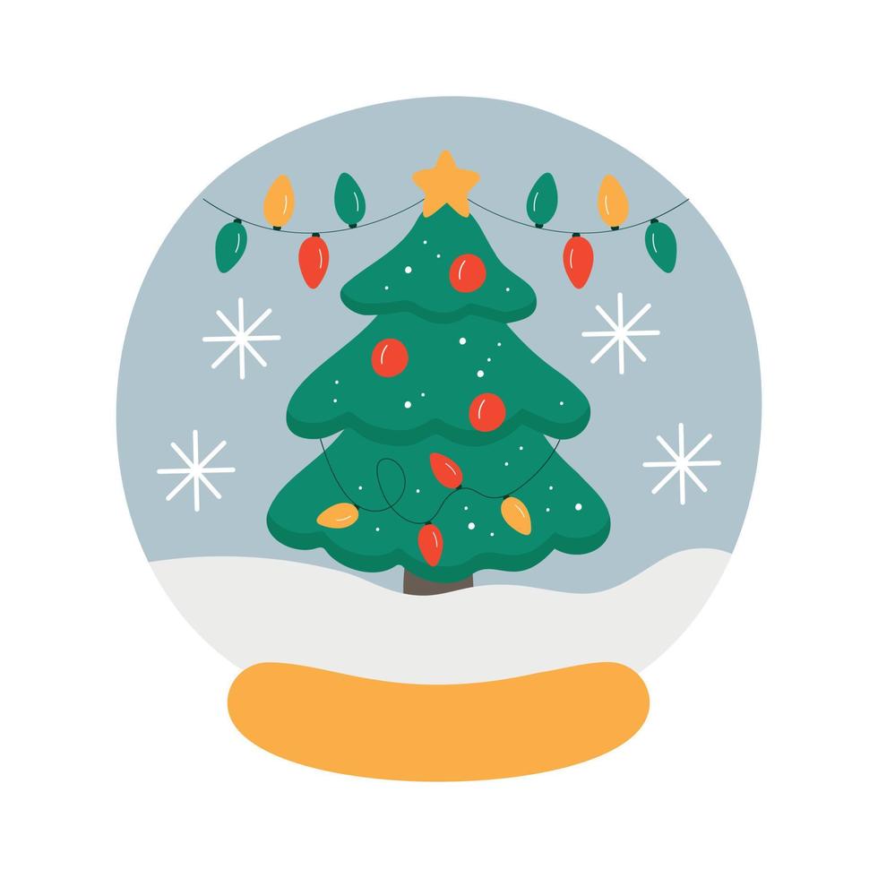 globo de nieve de cristal diseño decorativo de navidad. lindo árbol de navidad de dibujos animados. vector