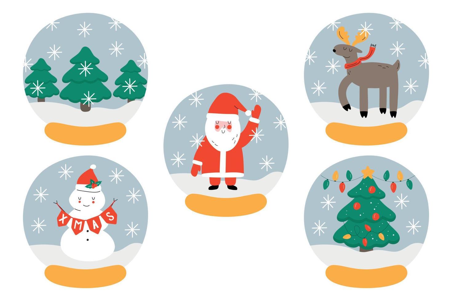 conjunto de diseño decorativo de navidad de bola de nieve de cristal. lindo animal de dibujos animados y elementos navideños. vector