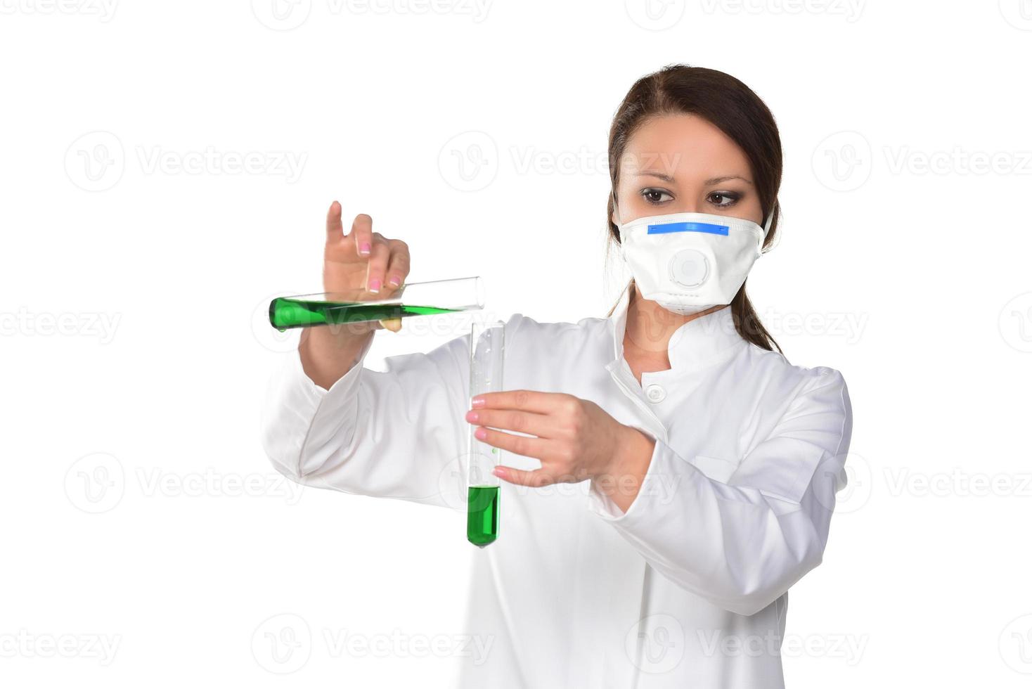 Female scientist holding test tubes with virus samples. Medical research concept. White background. photo