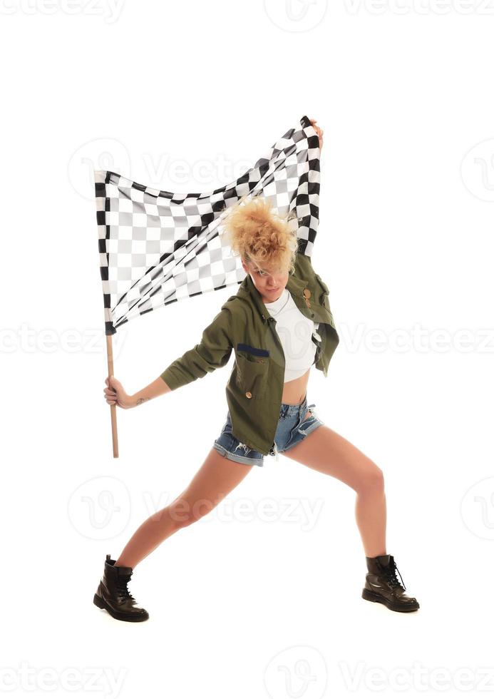 woman waving a race flag photo