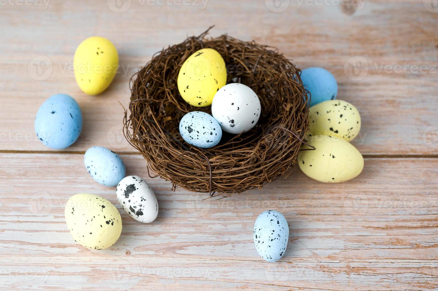 Nest filled with white,yellow and blue eggs. Happy easter banner with place for text photo