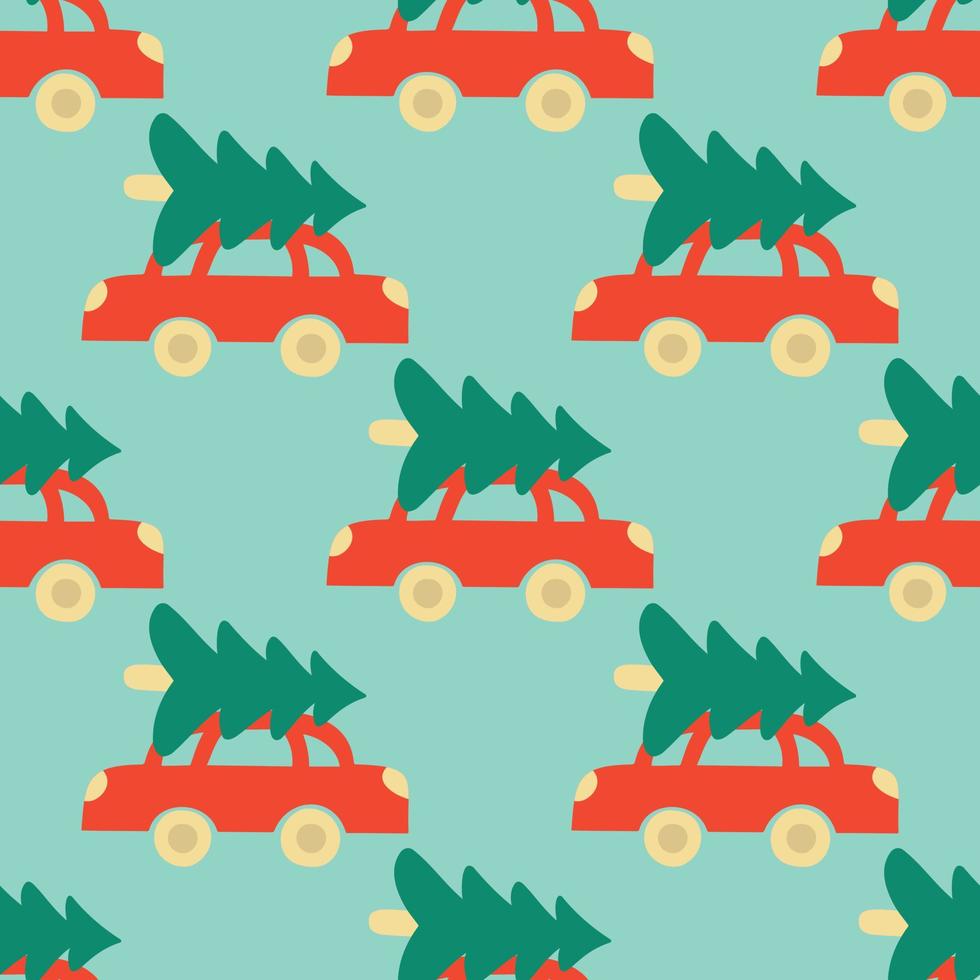 Cute winter Christmas trees on the roof of a machine pattern in cartoon style in vector. Design for winter decoration interior, print posters, greeting card, business banner, wrapping. vector