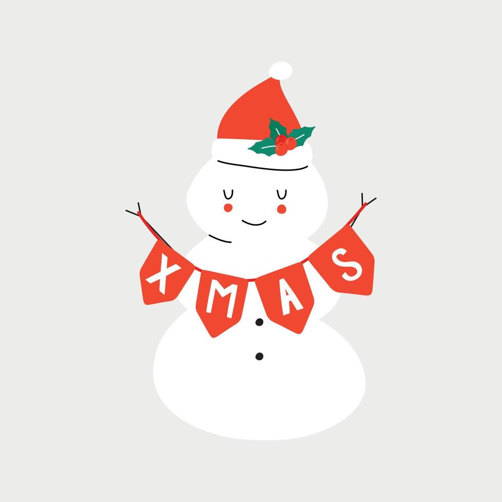 vector dibujado a mano ilustración de invierno de un muñeco de nieve con una zanahoria y un sombrero de santa. Navidad. diseño de tarjetas de felicitación, carteles, envoltura de regalos.