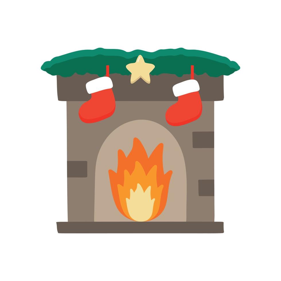 Christmas fireplace. Happy New Year decorations. Merry Christmas holiday. Celebrating New Year and Christmas. vector