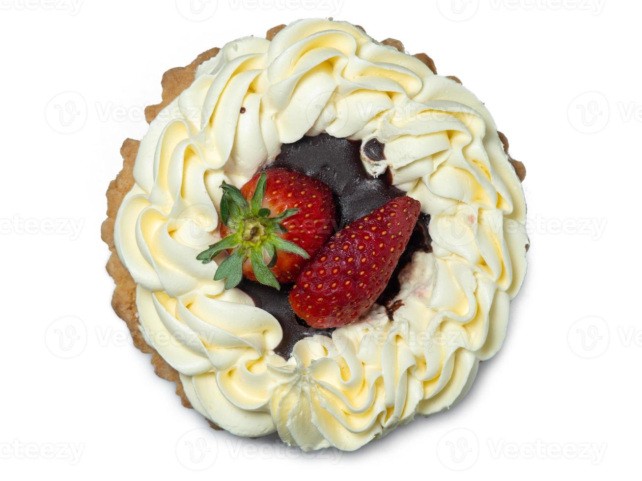 Cake with butter cream and strawberries. Cake on a white background. Treat for tea. Sweets photo