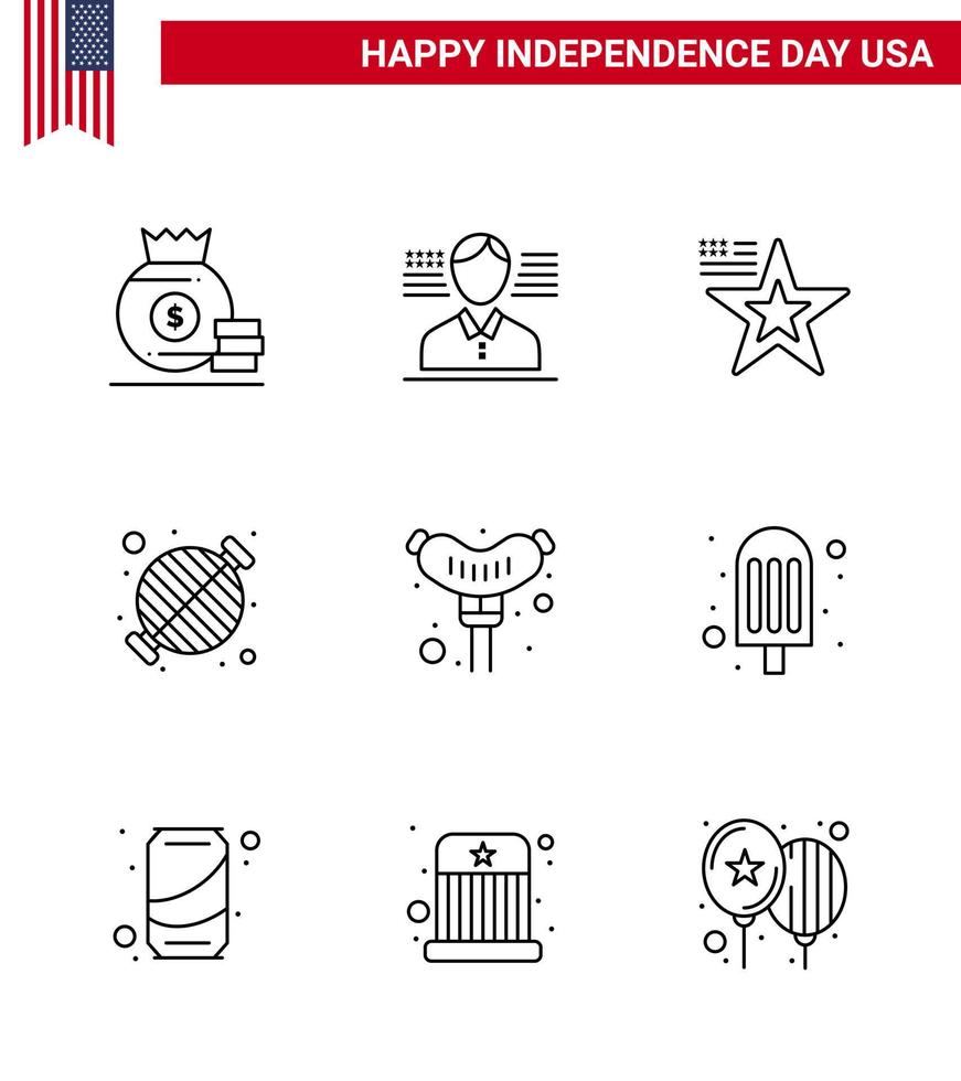 9 USA Line Pack of Independence Day Signs and Symbols of frankfurter party american grill barbecue Editable USA Day Vector Design Elements