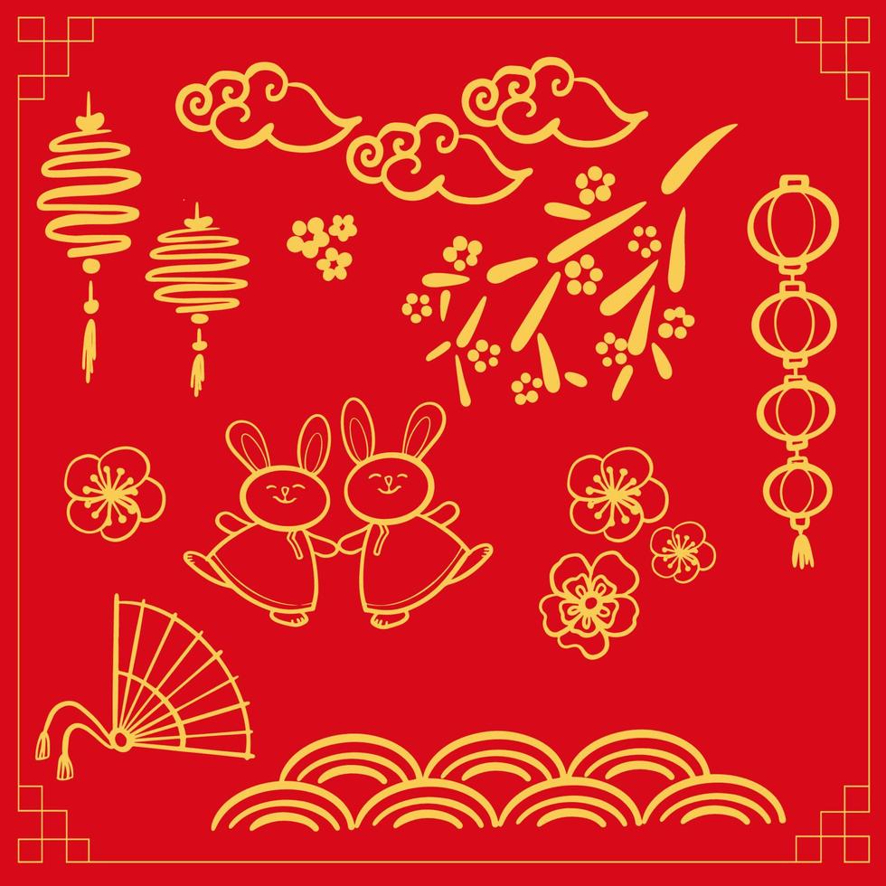 Chinese New Year 2023, the year of the rabbit, red and gold line art characters, simple hand-drawn Asian elements . vector