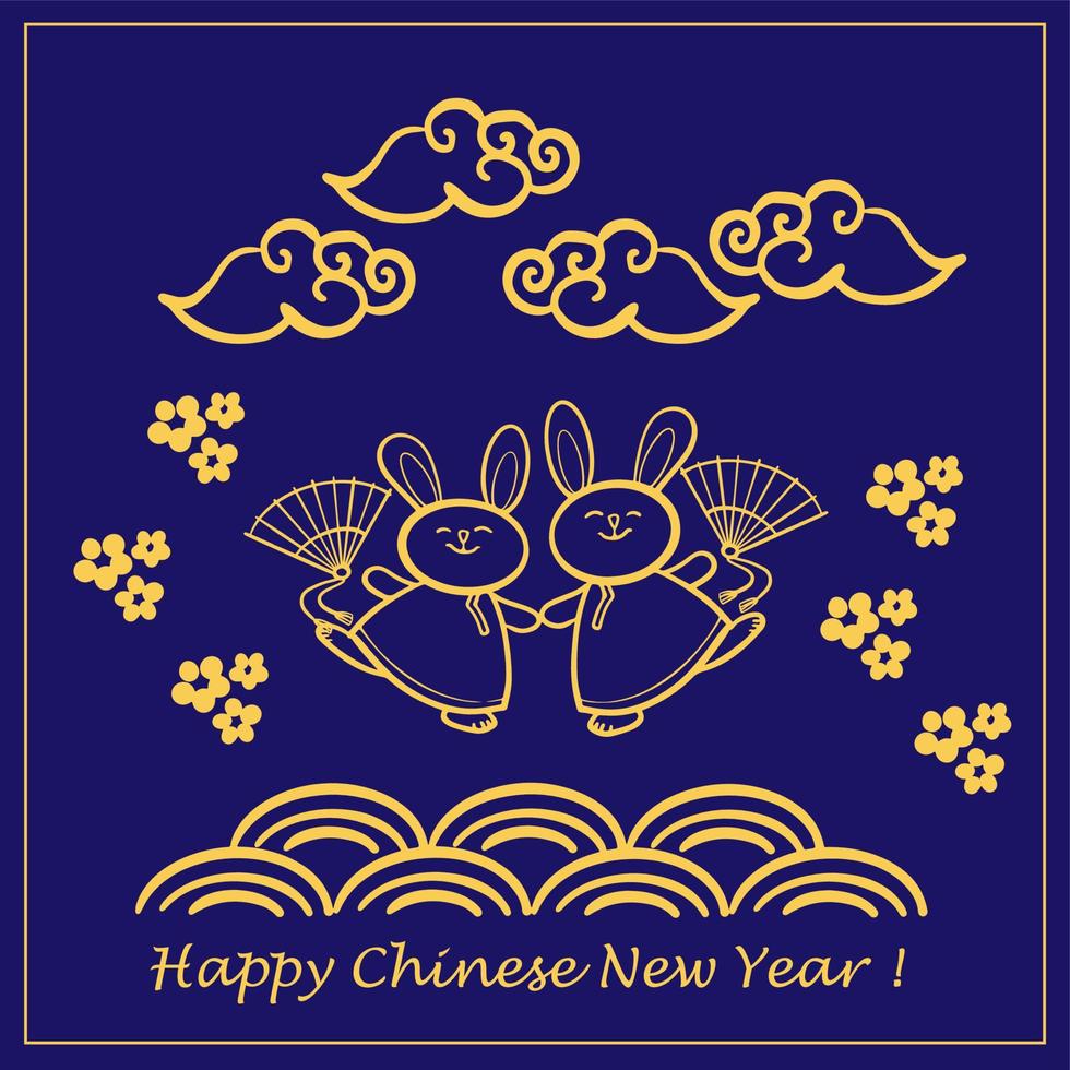 Chinese New Year 2023, the year of the rabbit, dark blue background and gold line art characters, simple hand-drawn Asian elements . vector