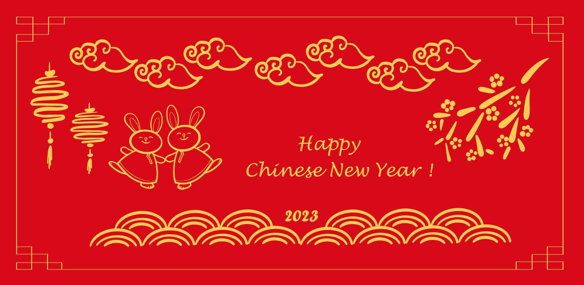 año nuevo chino 2023, el año del conejo, personajes de arte de línea roja y dorada, elementos asiáticos simples dibujados a mano. vector