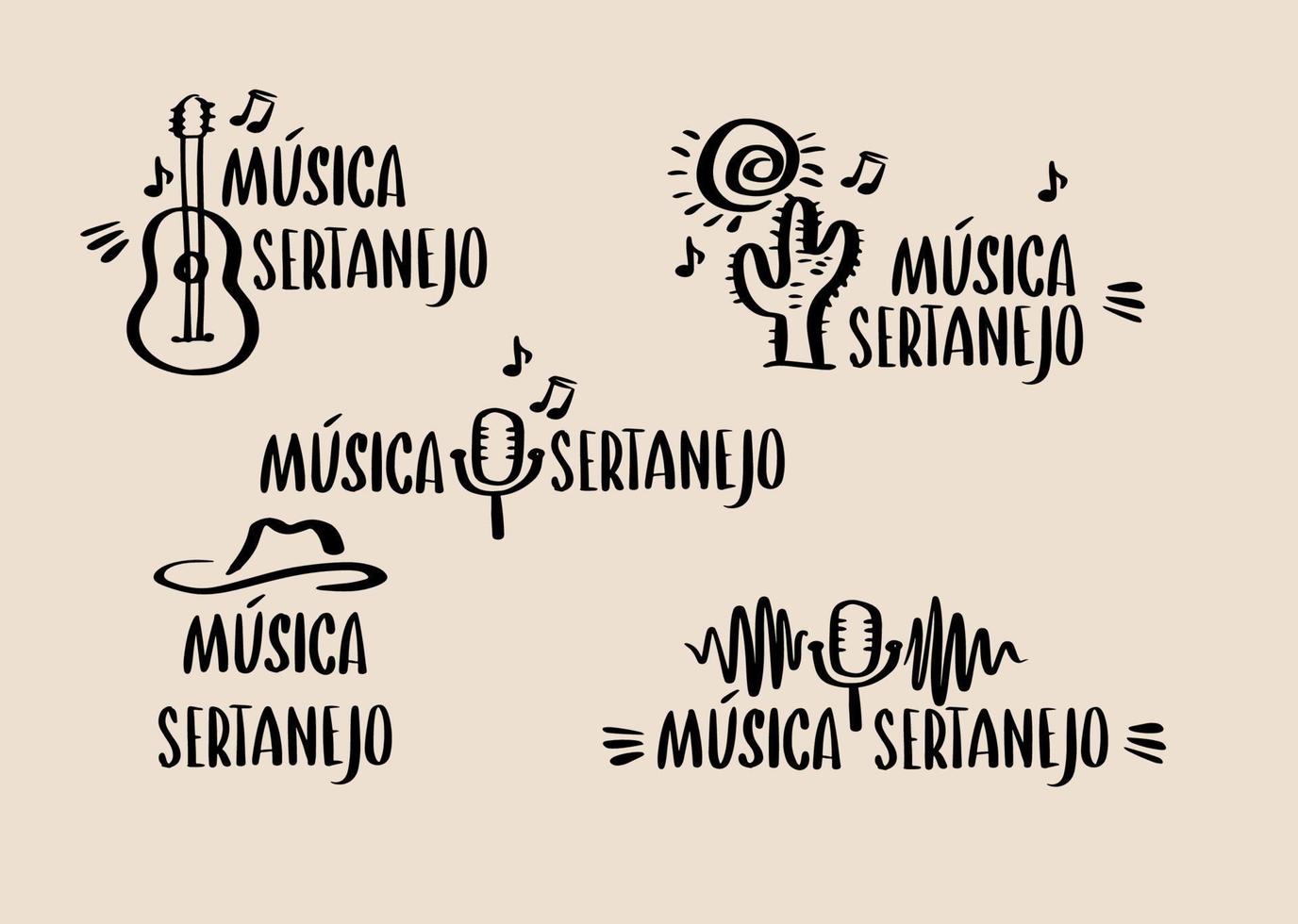 establecer letras en portugués sertaneja musica y dibujo de contorno de guitarra vector