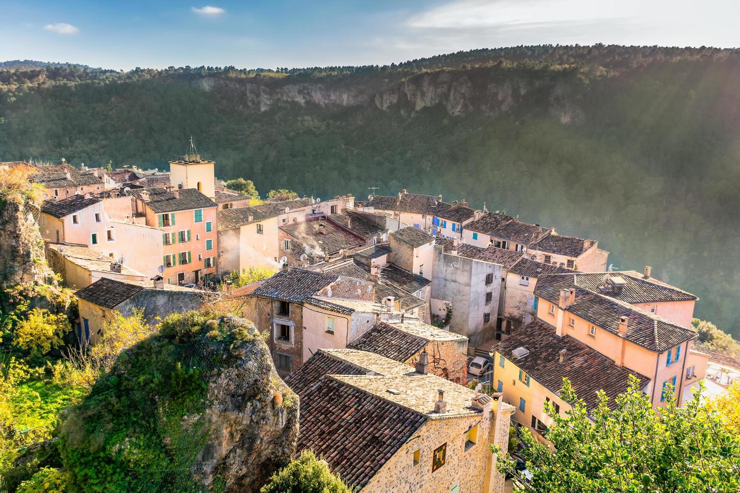 Aerial view of the village of Chateaudouble in Provence south of France in autumn colors photo