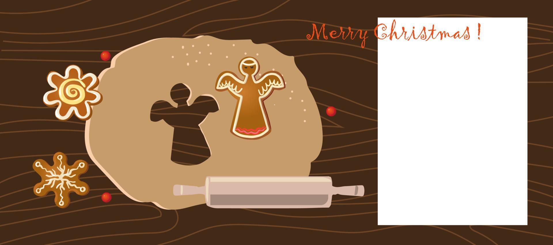 Gingerbread angel, dough and rolling pin on a wooden background. Cooking holiday cookies. Vector illustration in cartoon flat style.