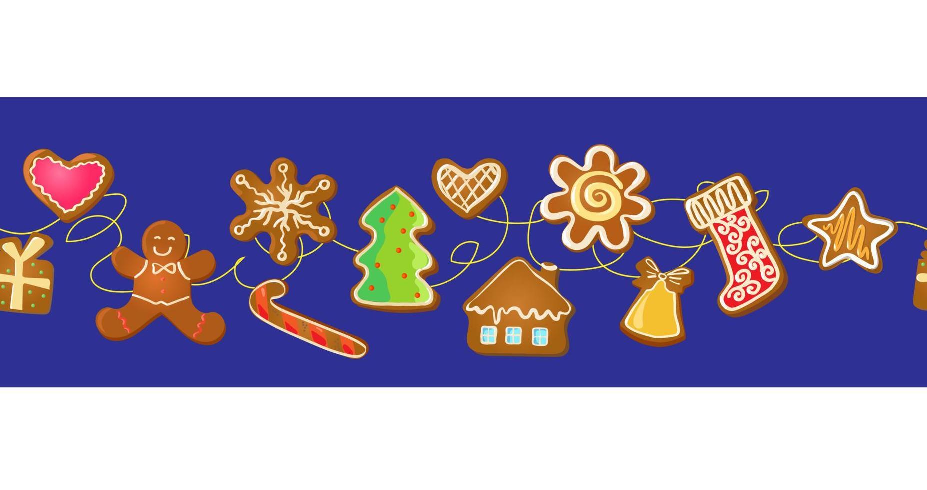 Gingerbread Christmas Cookies snowflake , star, man, sock, home, trees. Holiday Collection. New Year. Greeting card vector