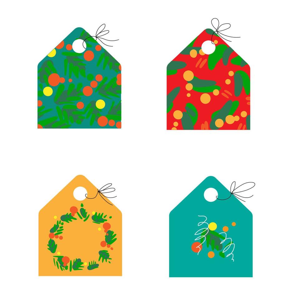 Set of cute hand drawn Cristmas cards, gift tags with abstract strokes and spots , isolated vector objects.