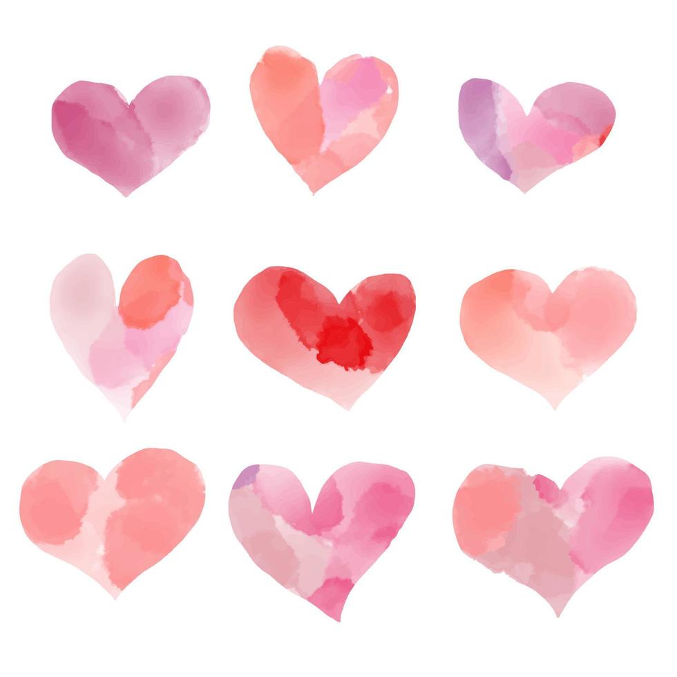 Set of hand painted watercolor hearts isolated on white background. Wedding or Valentine day template. vector