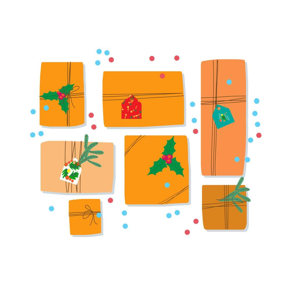 conjunto de regalos y regalos de navidad. caja de regalo y elemento de diseño aislado de papel de regalo. preparación para la celebración de navidad y año nuevo. vector