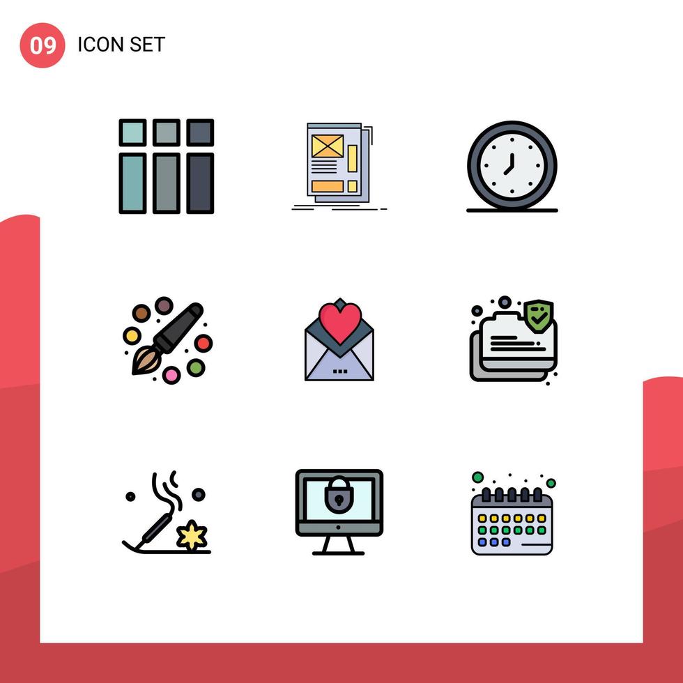 Pack of 9 Modern Filledline Flat Colors Signs and Symbols for Web Print Media such as painting drawing development color time Editable Vector Design Elements